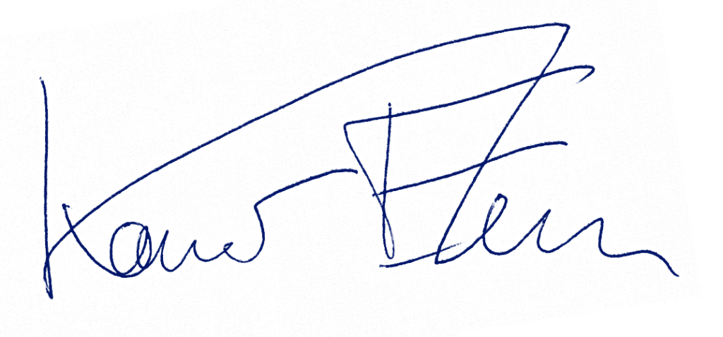 Blaue handschriftliche Signatur vor dunkelblauem Hintergrund.
